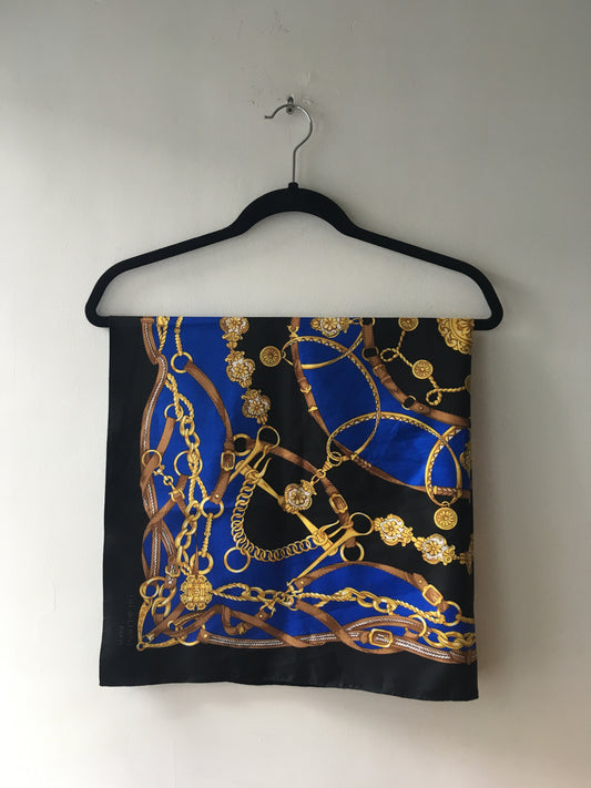 Vintage Blue, Black and Gold Scarf